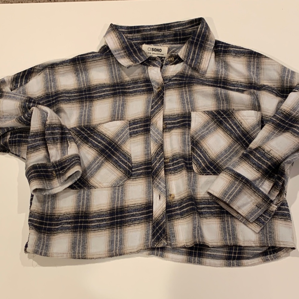 Ci Sono Women’s Navy and White Plaid Button Down Shirt